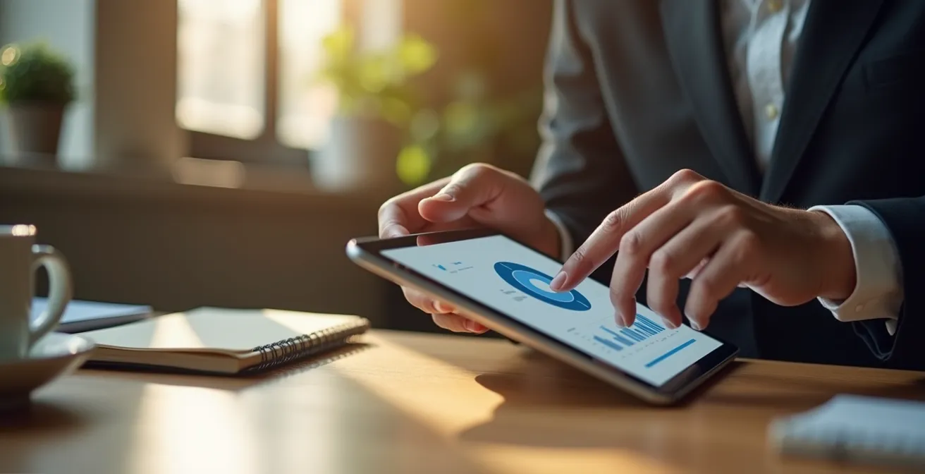 Manos de profesional trabajando con tablet mostrando gráficos de gestión de riesgos