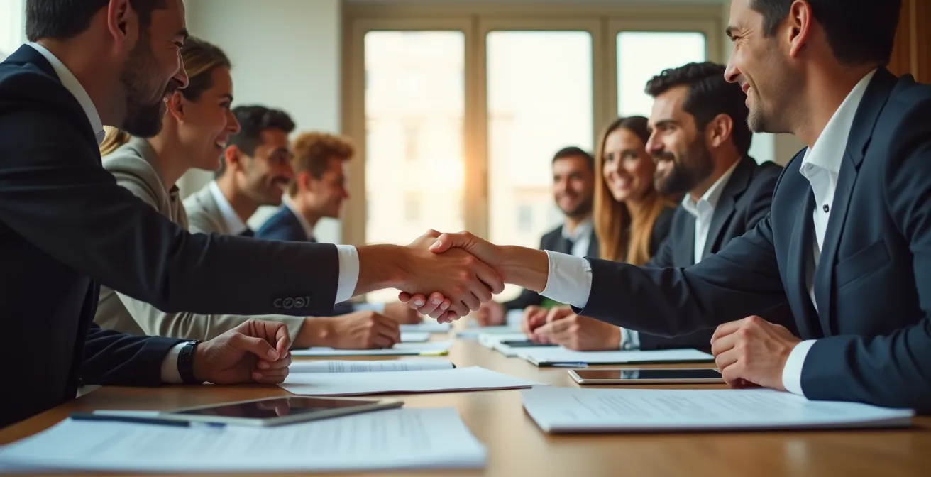 Mesa redonda con representantes sindicales y directivos firmando acuerdo colaborativo