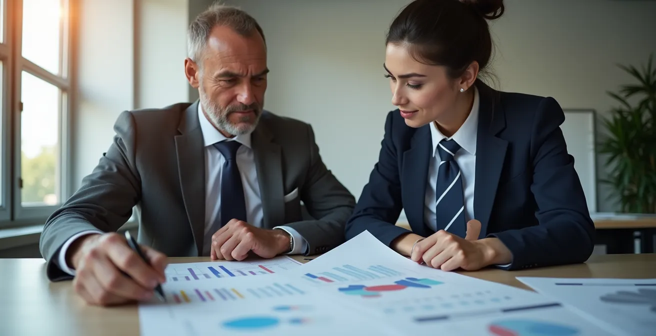 Vista amplia de oficina profesional con inspector revisando documentos junto a empresario
