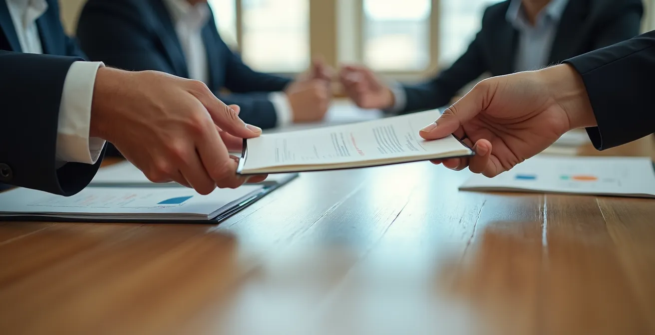 Vista macro de manos intercambiando documentos en mesa de reunión profesional