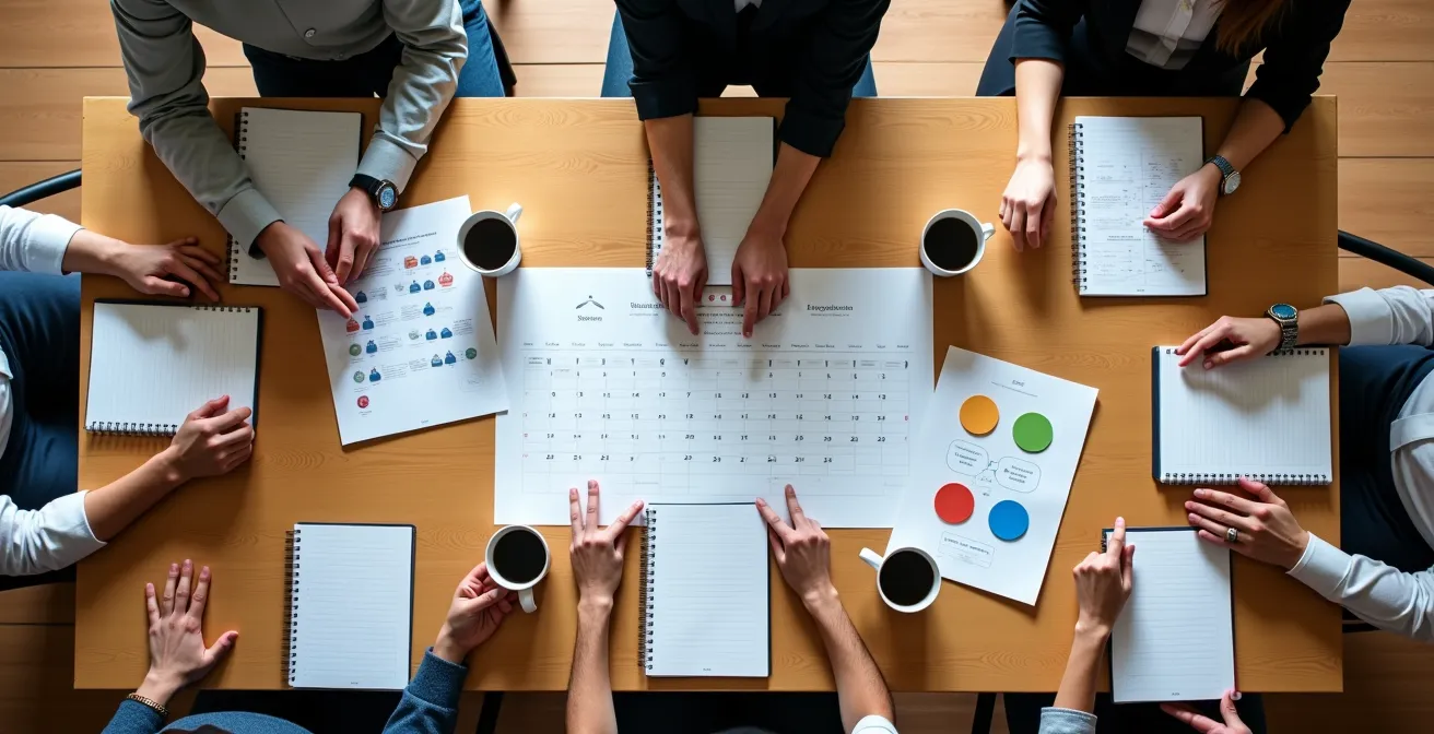 Vista cenital de un equipo diverso en una reunión trimestral en España, revisando documentos de procesos sobre una mesa con un calendario visible.
