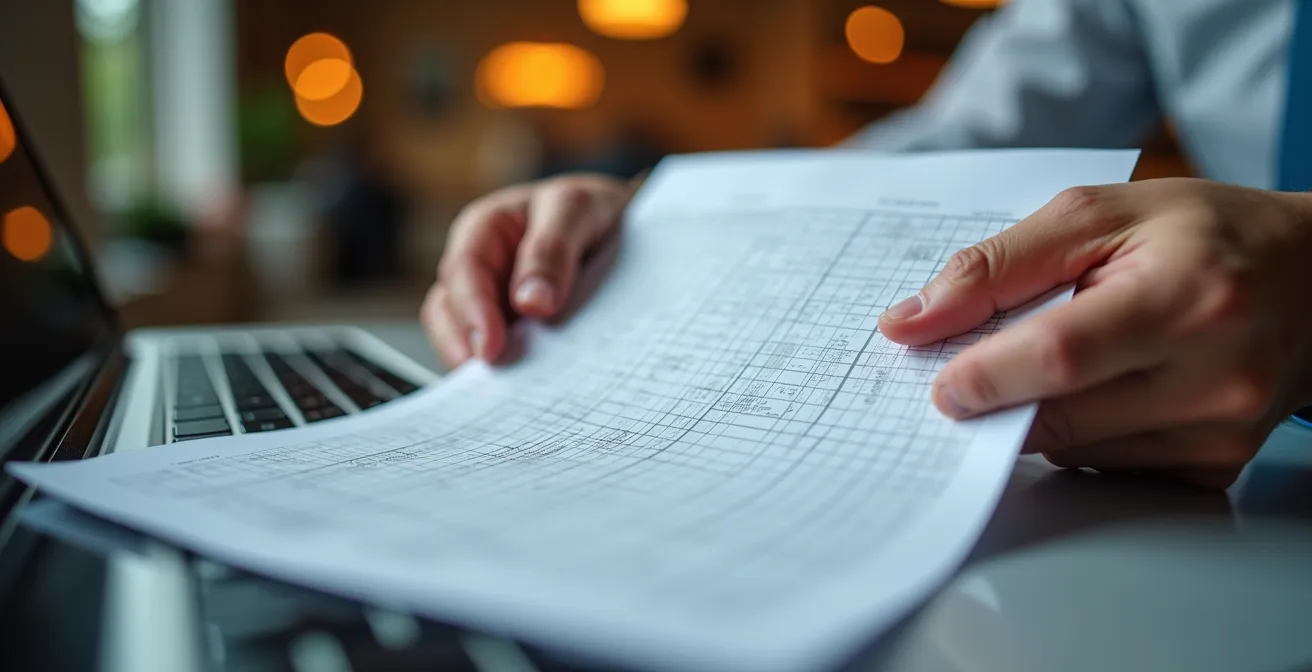 Vista macro de manos trabajando con documentos y portátil mostrando proceso de verificación