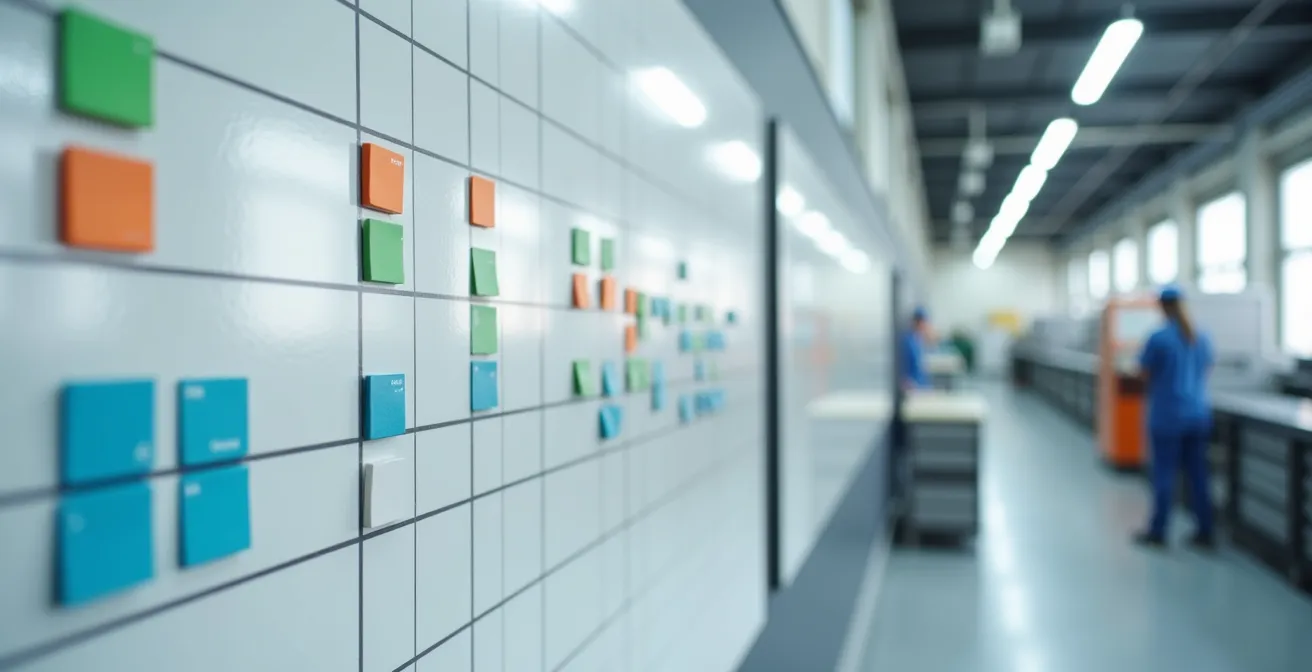 Tablero Kanban visual mostrando capacidad de producción con indicadores de carga