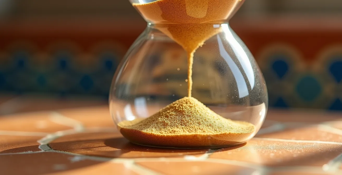 Detalle macro de reloj de arena con arena dorada cayendo, simbolizando los cruciales primeros segundos